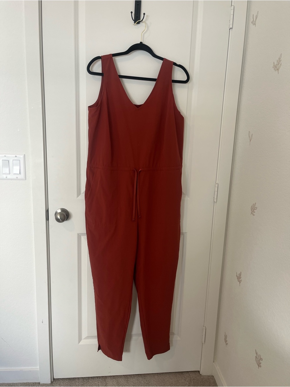 Patagonia Rust Red V-Neck Sleeveless Jumpsuit with Drawstring Waist